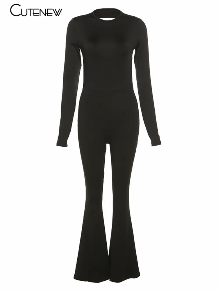 Black Backless Bodycon Flared Leg Skinny Long Sleeve Jumpsuit