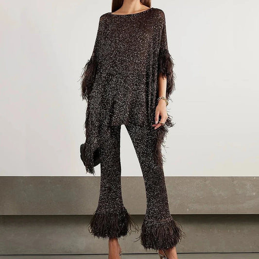 Glitter Silk Feather Batwing Sleeve Women's Top & Matching Pants 2-Piece Set