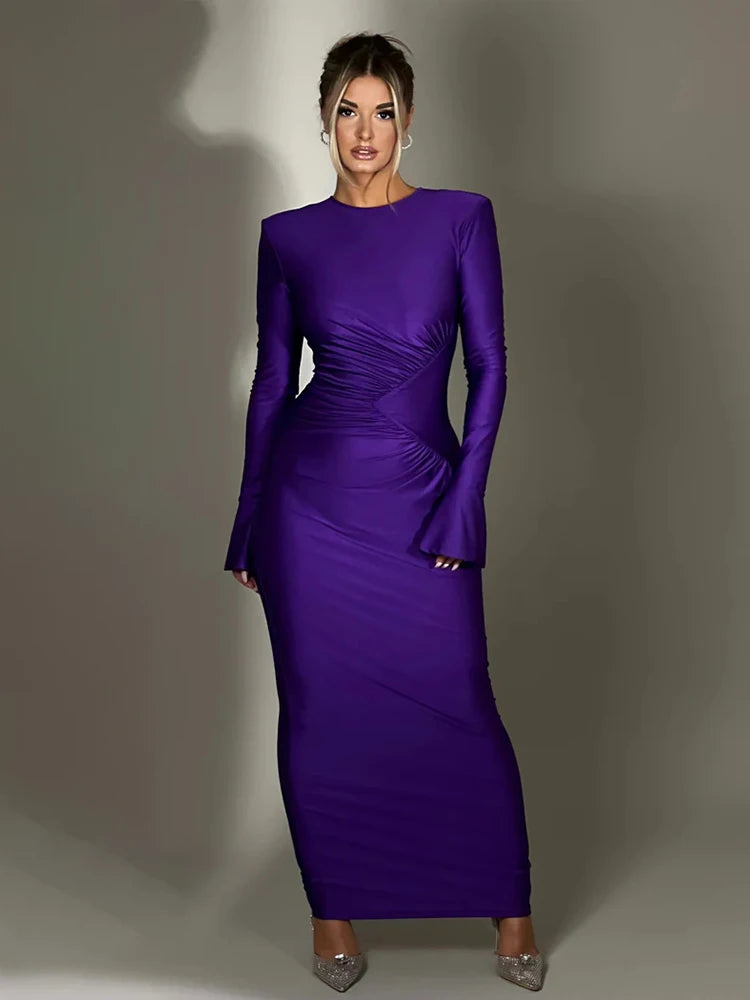 Ruched Pleated Bodycon Long Sleeve Maxi Dress
