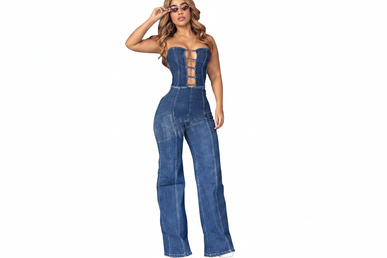 Denim Sleeveless Tube Top Hollow-Out Design Wide Leg Women's Jean Jumpsuit