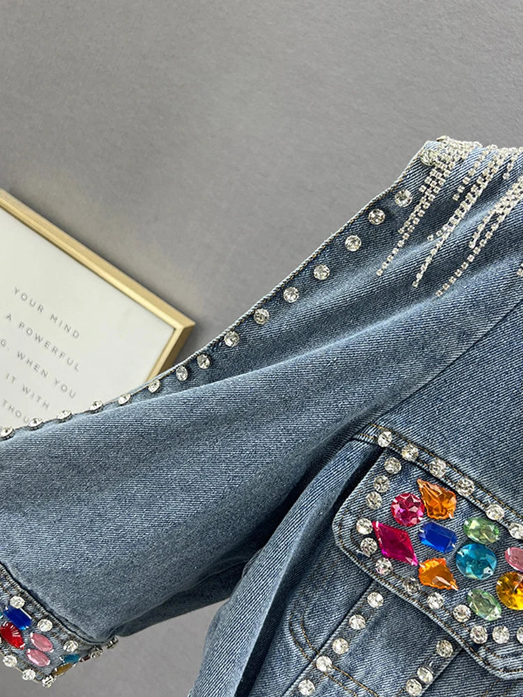 Tassel Embellished Crystal Rhinestone Rivet Diamond Denim Streetwear Jacket