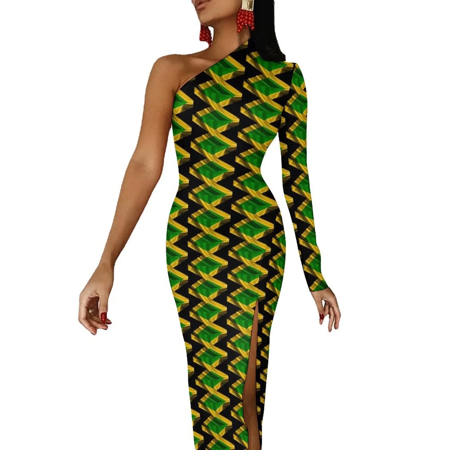 Jamaica Flag Colors Striped/Geometric/Camoflauge High Side Slit One Sleeve Streetwear Bodycon Maxi Dress