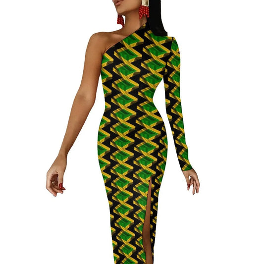 Jamaica Flag Colors Striped/Geometric/Camoflauge High Side Slit One Sleeve Streetwear Bodycon Maxi Dress