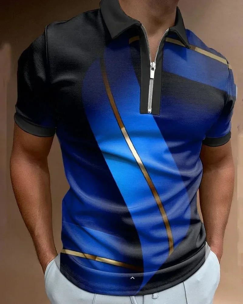 Men's Striped Swirl 3D Print Designer Streetwear Short Sleeve Zipper Polo Shirts