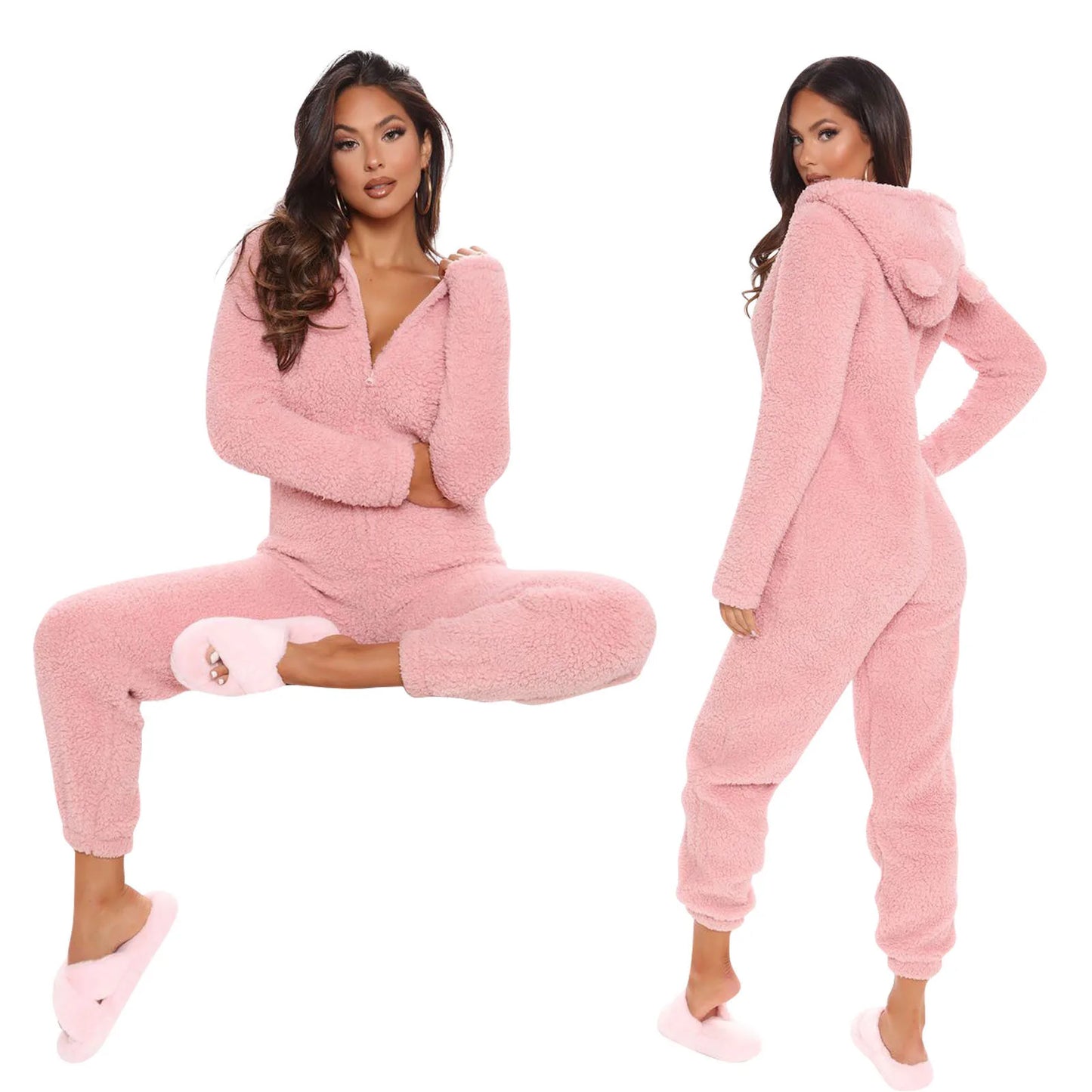 Solid Long-Sleeve Zipper Sleepwear Hooded Ladies Onesie