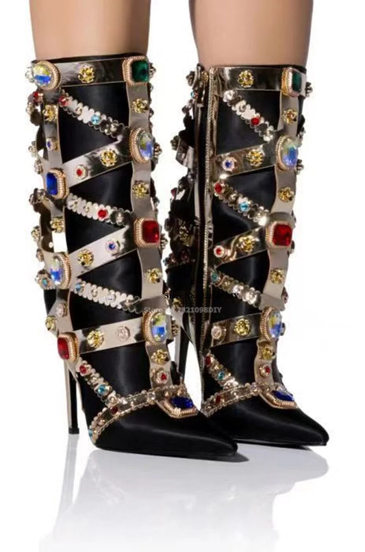 Satin Women's Rhinestone Gem Gold Metal Heel/Strap Design Stiletto Heel Pointed Toe Side Zipper Ankle Boots