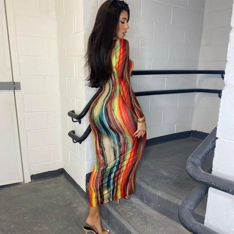 Sleeveless Tube Top Design/Long Sleeve Striped Colorblock Printed Bandage Skinny Maxi Dress
