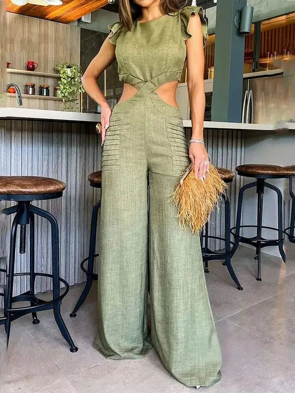 Sleeveless Ruffled Solid/Denim/Floral Hollow-Out Ring Design O-Neck Waist Wide Leg Jumpsuit
