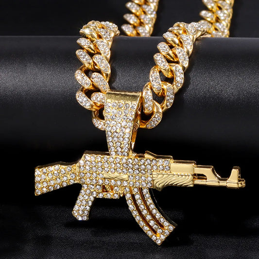 Hip-Hop Gun Pendant Gold Iced Out Crystal Cuban Link Chain