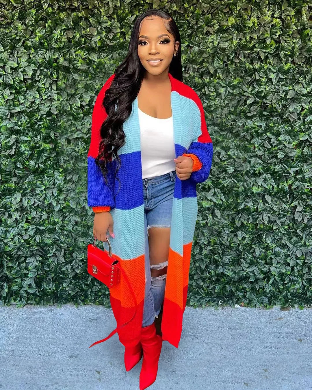 Striped Colorblock Women's Knitted Ribbed Patchwork Long Sleeve Open Stitch Slim Cardigan Oversized Maxi Sweaters