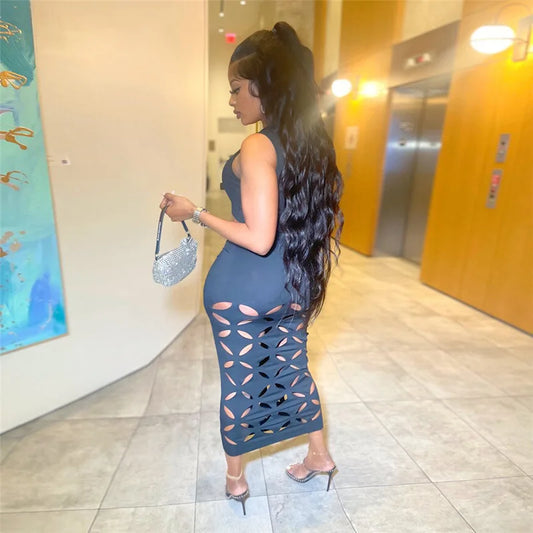 Sleeveless Solid Color Cropped Tank Top + Geometric Hollow-Out Floral Pattern Midi Skirt Women's 2-Piece Set
