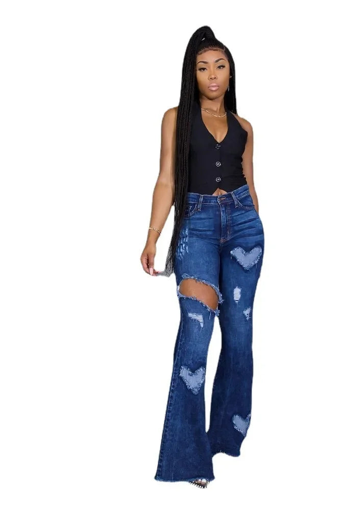 Denim Heart Print Ripped Hollow-Out Hole Design Streetwear Women's Wide Leg Bootcut Jeans