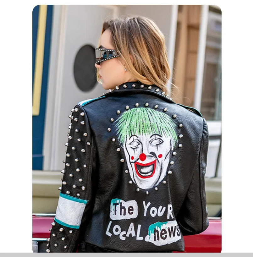 Rivet Stud Clown Print Hip-Hop Design PU Leather Women's Streetwear Biker Jacket to 3X Plus Size