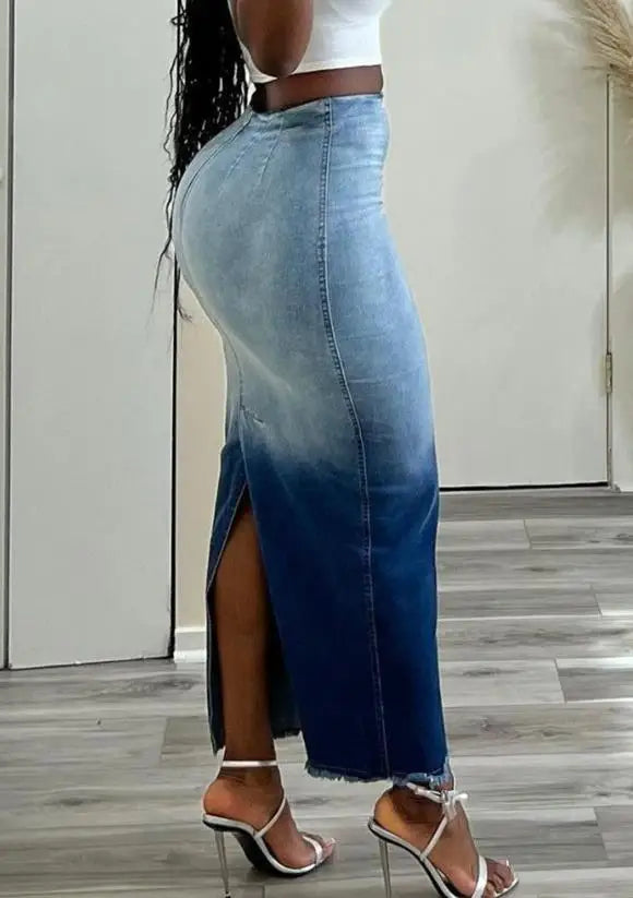 Blue Colorblock Gradient Denim Tie-Dye Print Raw Tassel Hem High Slit Jean Bodycon Maxi Skirt