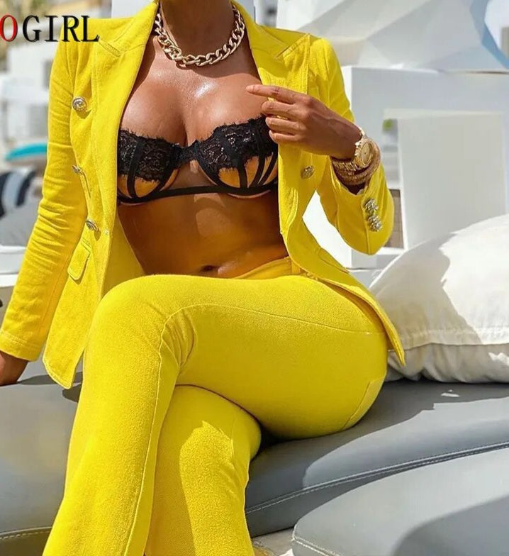 Double Long Sleeve Breasted Blazer + Matching Trouser Pants Women's Business Suit