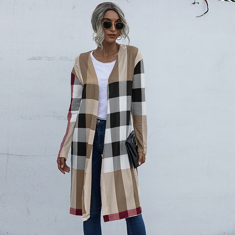 Checkered Plaid Ladies Maxi Cardigan