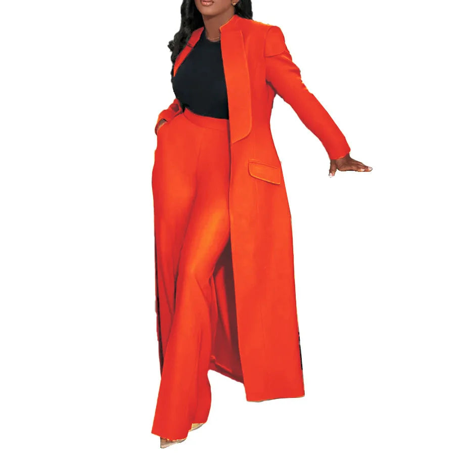 Notched Collar Solid Color Pocketed Maxi Trench Blazer + Pants Women's Office/Formal Party Suit