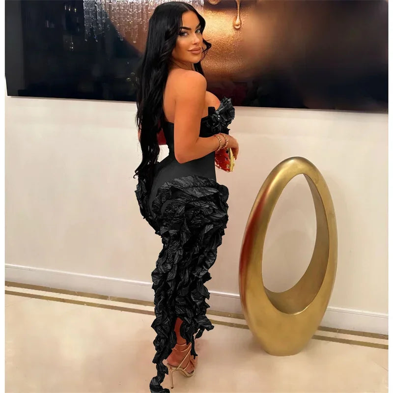 Sleeveless Floral Ruffled Tube Top Hanging Tassel Design Irregular Dress