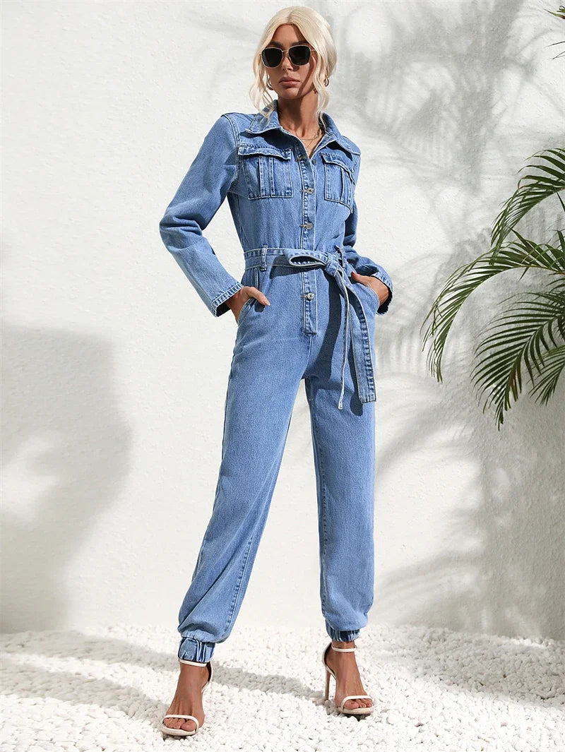 Denim Faded Blue Long Sleeve Women's Turn-Down Collar With Belted Jeans Jumpsuit