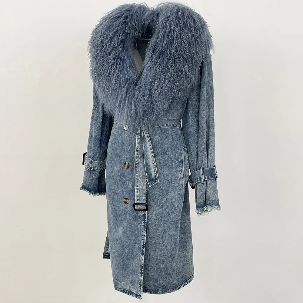 Denim Hip-Hop Button Design Shaggy Mongolian Fur Collar Double Breasted Women's Sash Belted Jean Trenchcoat