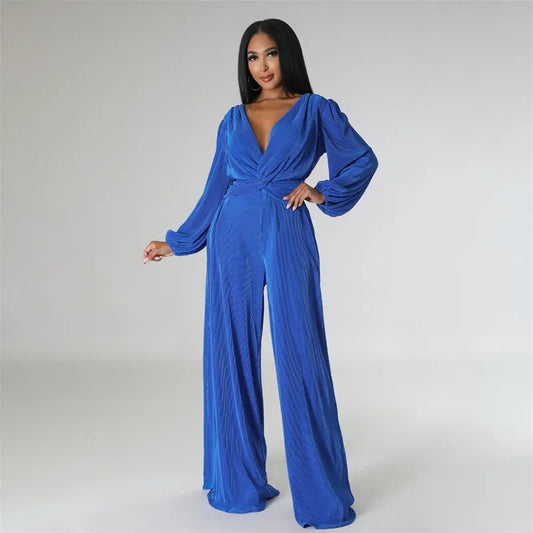 Bubble Sleeve V-Neck High Waist Wide Leg Jumpsuit