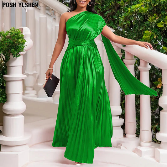 Satin Shiny Pleated One Sleeve Maxi Formal Plus Size Dress to 3X