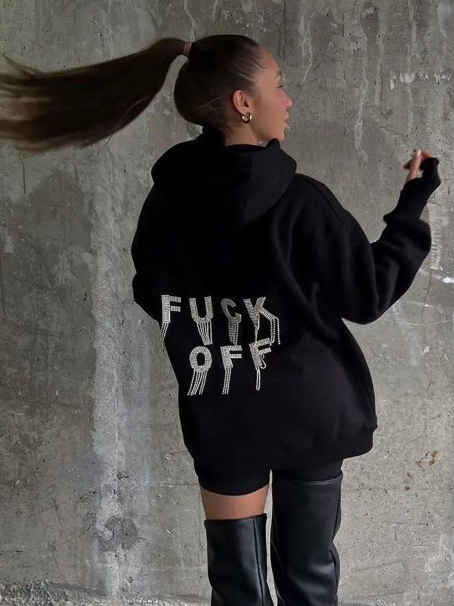 "F#@% OFF" Gothic Women's Black Punk Rhinestone Diamond Chain Tassel Oversized Sweatshirt Hoodie