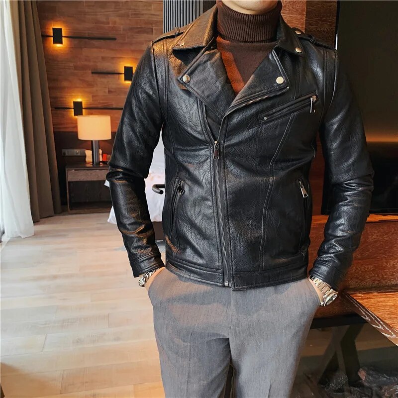 Men's Casual PU Leather Biker Motorcycle Zipper Jacket