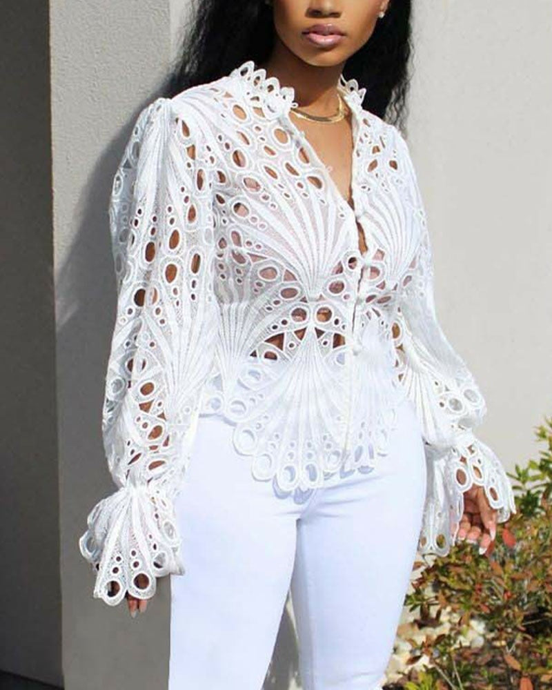 Lace V-Neck Hollow Out Long Sleeve Blouse