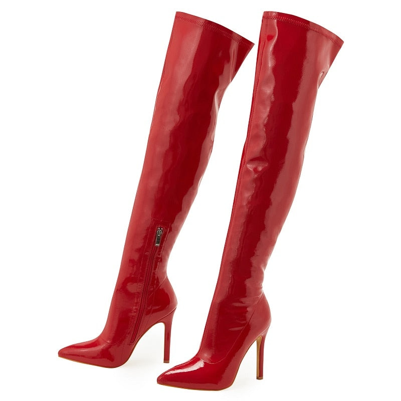 Patent Leather Stiletto Heel Over-the-Knee Pointed Toe Boots