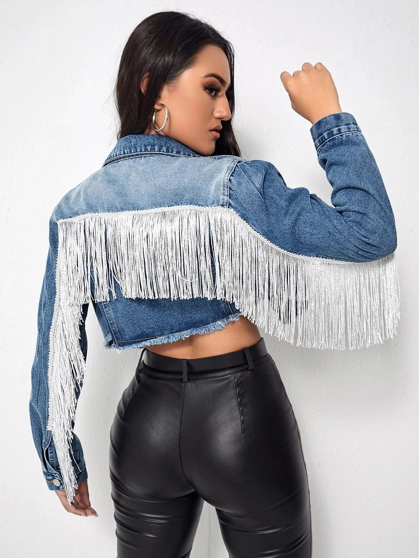 Women's Fringe Jacket Tassel Cropped Denim Jacket Raw Hem Ripped Crop Jean Jackets