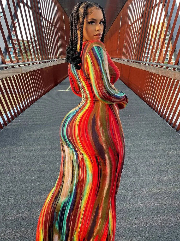 Sleeveless Tube Top Design/Long Sleeve Striped Colorblock Printed Bandage Skinny Maxi Dress