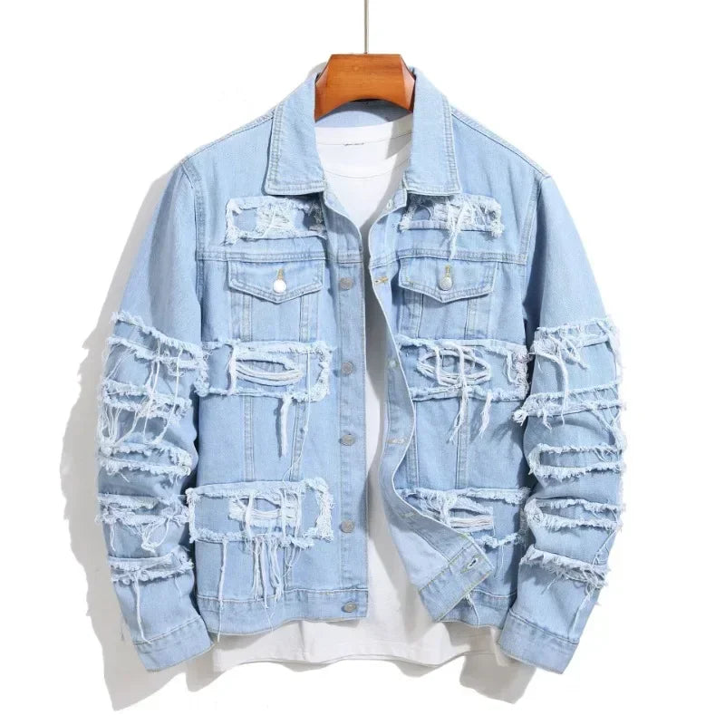 Men's Ripped Tassel Fringe Distressed Washed Stacked Spliced Denim Street Skinny Jean Jacket