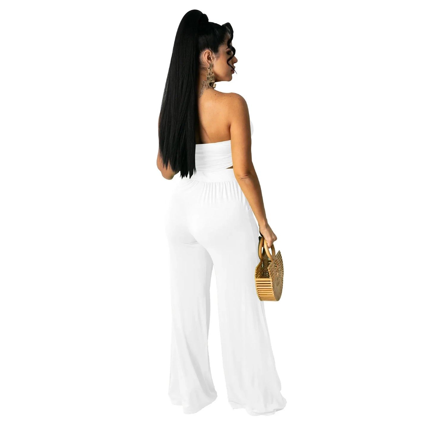 Strapless Hollow-Out  Hatler Neck Crop Top + Leggings Bodycon Solid Color Women's 2-Piece Set