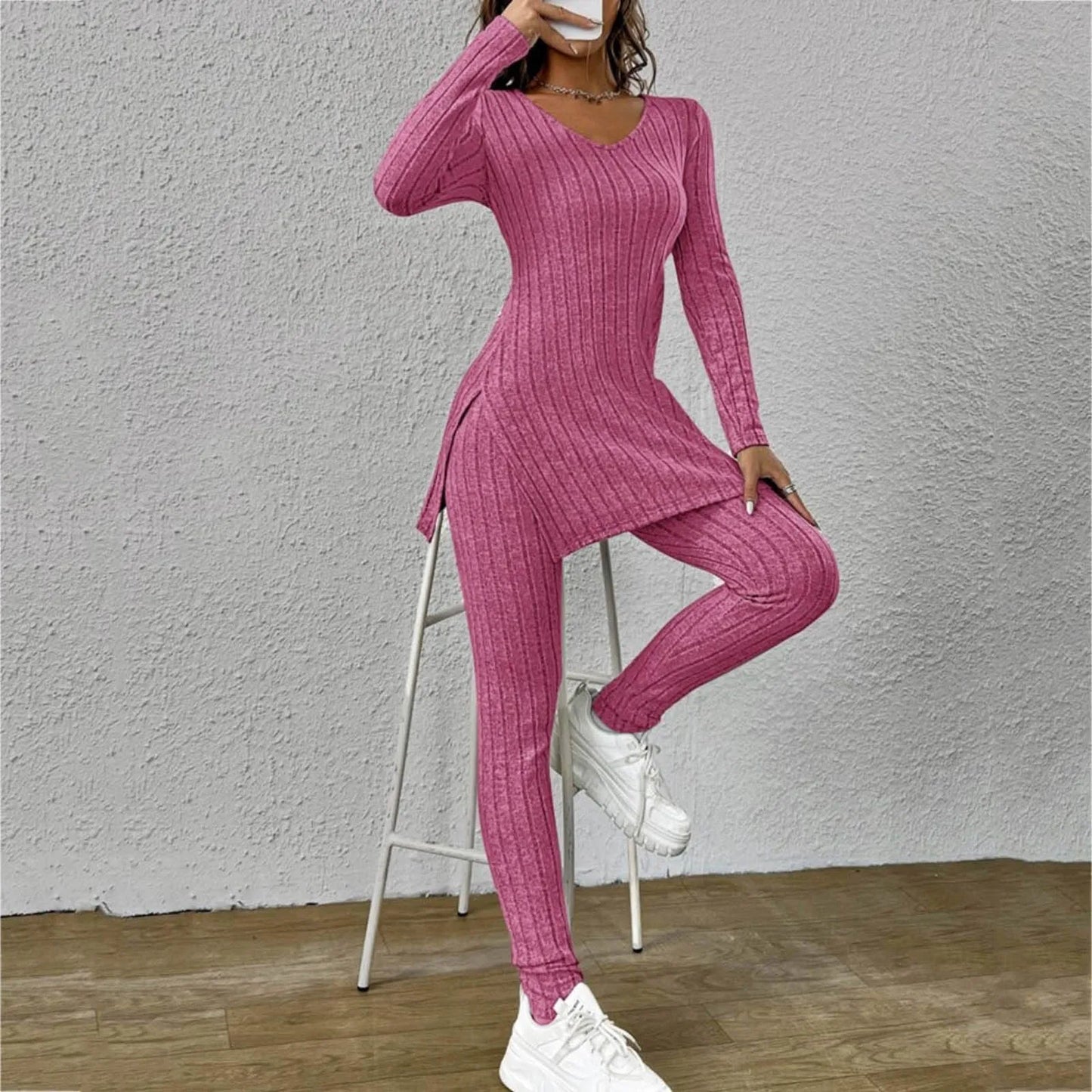 Ribbed Knitted Long Sleeve Women's Tunic Shirt + Leggings 2-Piece Set