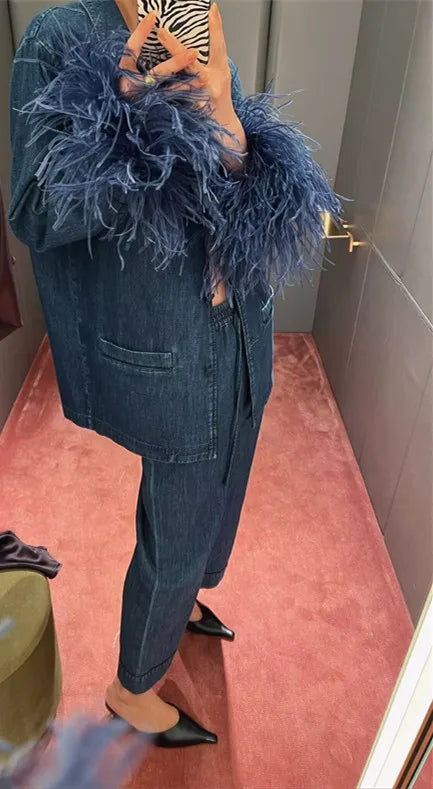 Blue Streetwear Ostrich Feather Cuff Denim Women's Jean Jacket Blazer