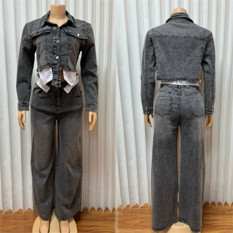 Washed Denim Long Sleeve Cropped Jean Jacket + Straight Jeans  Set