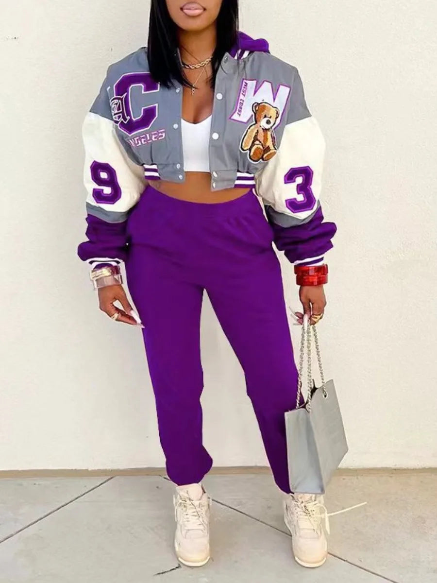 Purple/Grey Teddy Bear Embroidered Ladies Letter Print Cropped Letterman's Jacket w/ Sweatpants Tracksuit