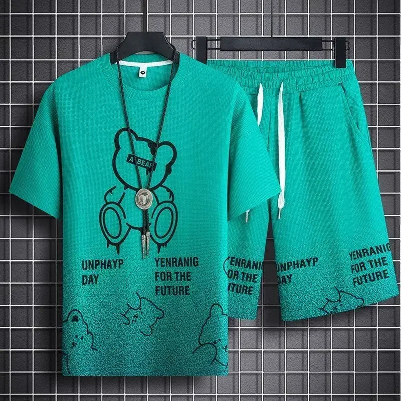 Men's Teddy Bear Print Waffle 3D Graphic Short Sleeve O-Neck T-Shirt + Drawstring Striped Hem Shorts 2-Piece Set