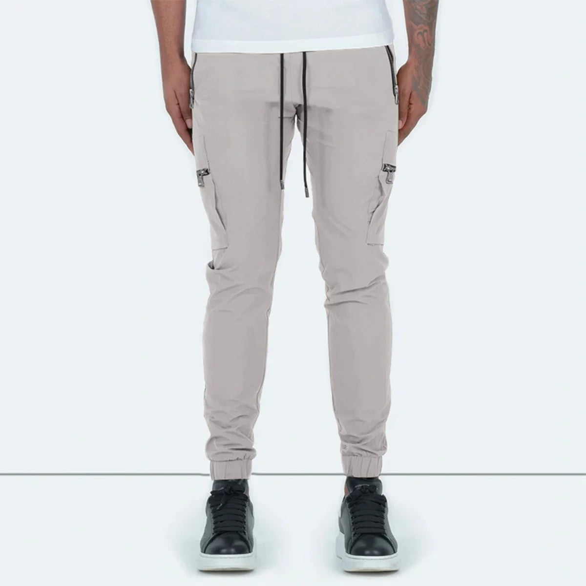 Men's Zipper Pocket Design Drawstring Solid Cargo Pants