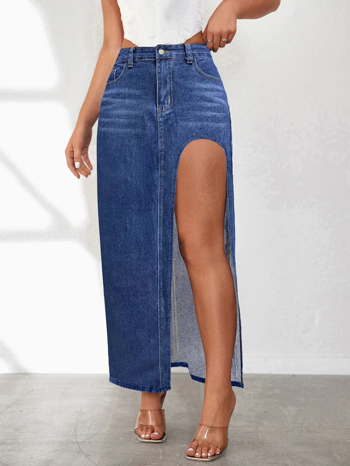 Denim High Slit Low Waist Distressed Bodycon Wrapped Long Jean Maxi Streetwear Skirt