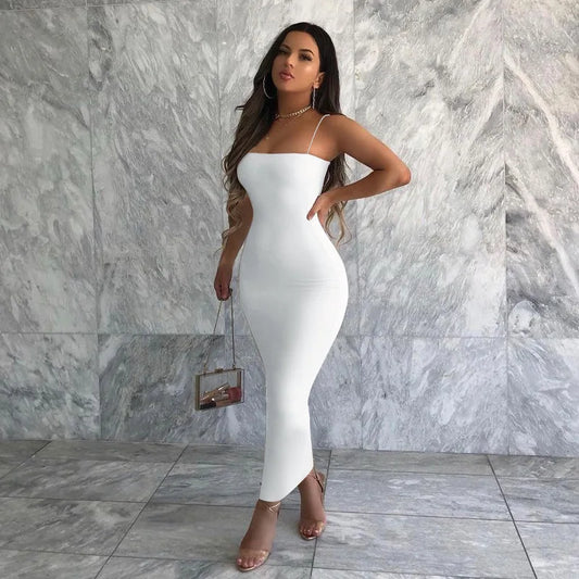 Solid Spaghetti Strap Midi Bodycon  Streetwear Maxi Dress