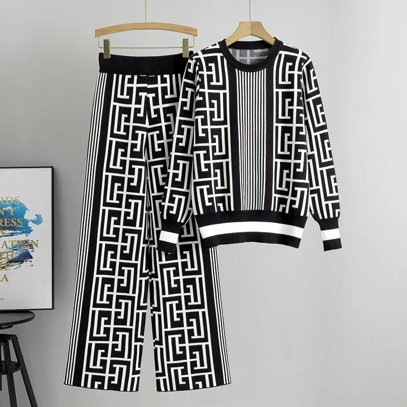 Geometric Print Women's Long Sleeve O-Neck Pullover Top + High Waist Wide Leg Pants 2-Piece Set