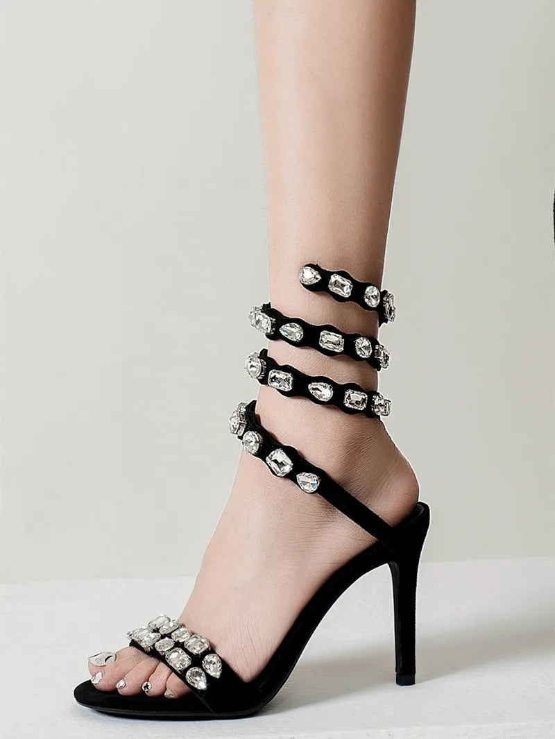 Rhinestone Crystal Embellished Spiral Band Stiletto Heel Gladiator Open Toe Sandal Pumps