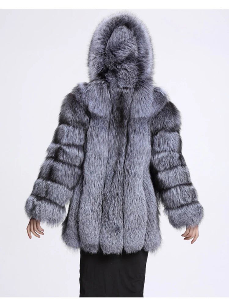 Silver Faux Fur Ladies Hooded Midi Coat to 4X