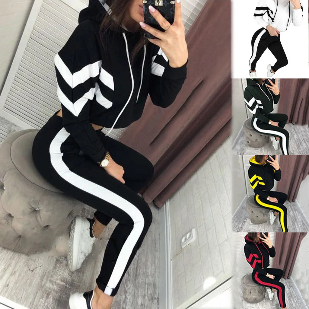 Diagonal Colorblock Drawstring Women's Cropped Zipper Hoodie Jacket + Side Striped Skinny Sweatpants Tracksuit