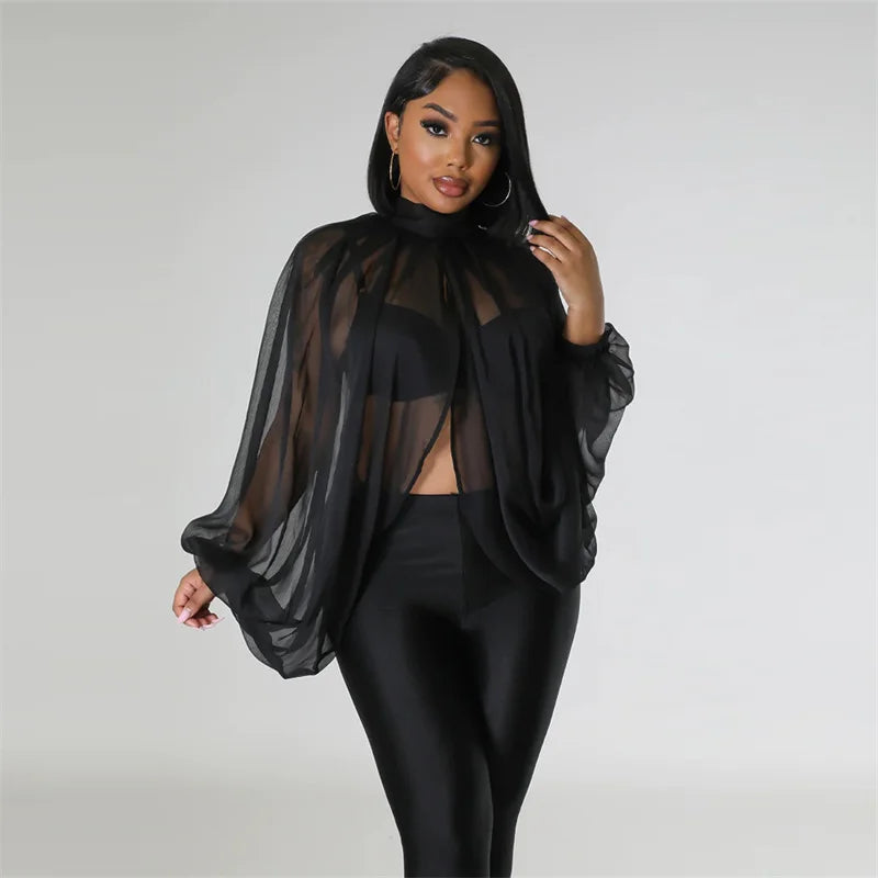 Chiffon Floral/Gradient Colorblock Sheer Front Slit Batwing Sleeve Women's Blouse