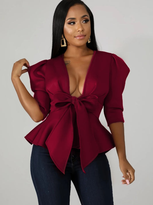 Peplum Bowtie Half Sleeve Deep V-Neck Blouse