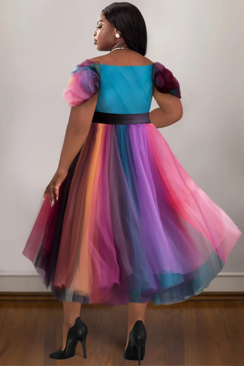 Rainbow Gradient Striped Deep V-Neck Floral Mesh Strap Pleated A-Line Tutu Formal Prom Evening Party Dress