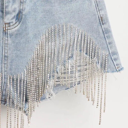 Silver Diamond Metallic Ripped Tassel Denim Jean Shorts